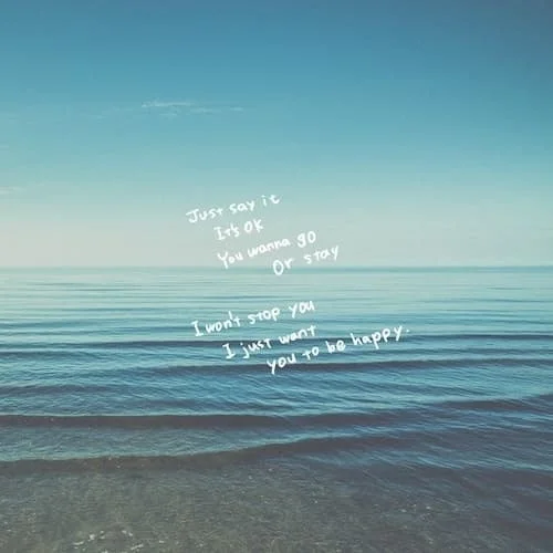 穏やかな青い海と空の風景に、「行きたいなら行けばいい、残りたいなら残ればいい、止めないから幸せになってほしい」というメッセージが書かれています。静かで心に響く一枚です。