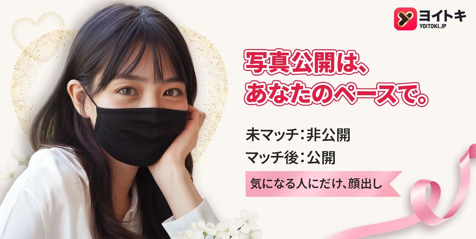 マスクをした女性の顔写真と、写真公開設定に関する説明