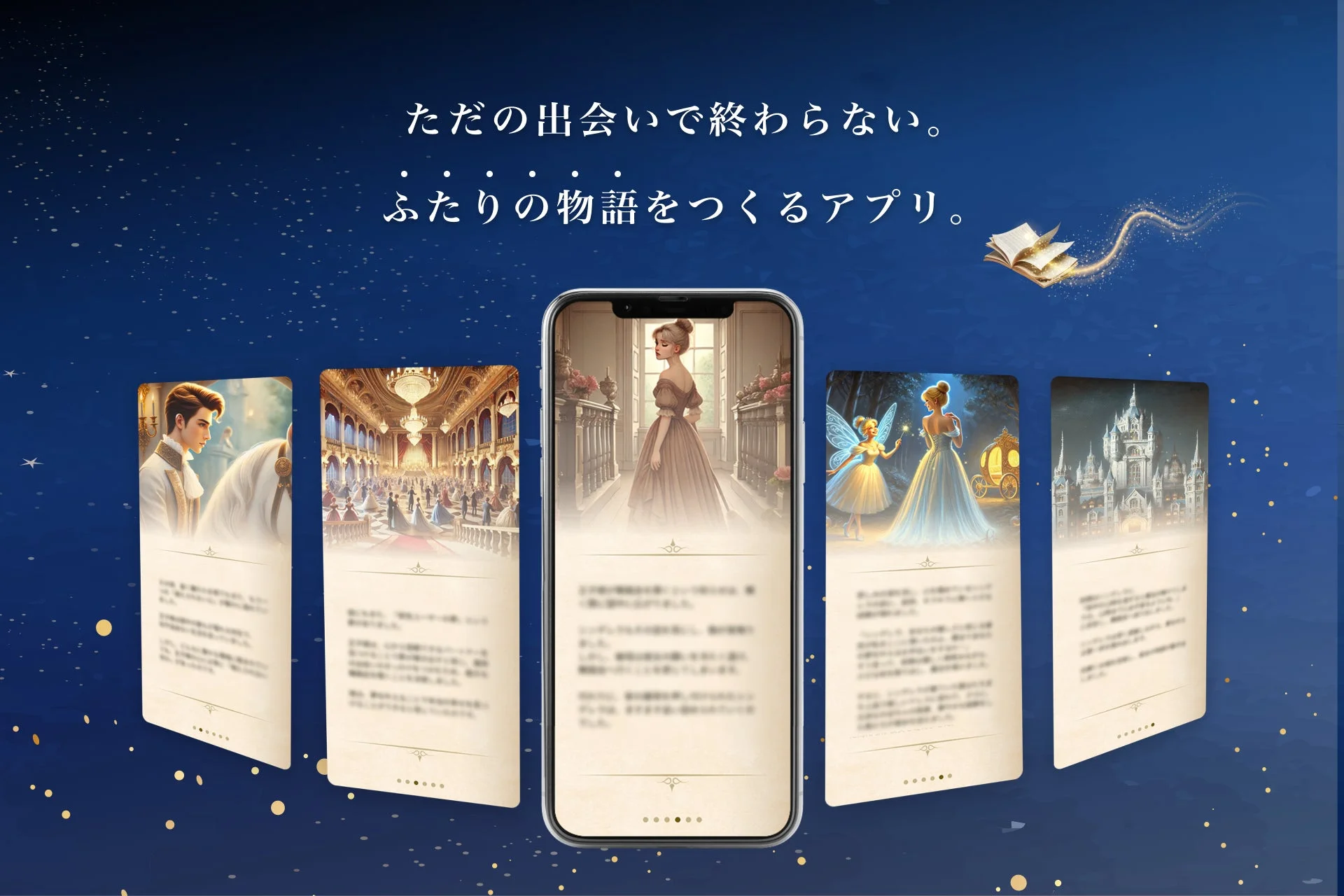 「ただの出会いで終わらない。ふたりの物語をつくるアプリ。」というキャッチフレーズが書かれた、おとぎ話の世界観をモチーフにしたマッチングアプリの広告画像