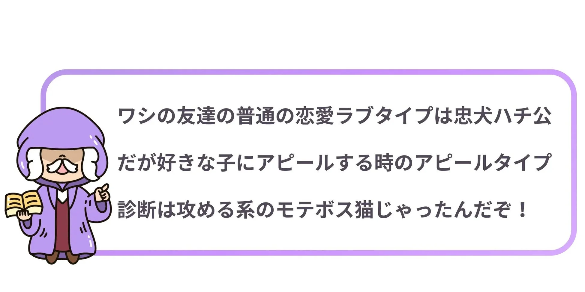 ワシの友達の普通の恋愛ラブタイプは忠犬ハチ公だが好きな子にアピールする時のアピールタイプ診断は攻める系のモテボス猫じゃったんだぞ！