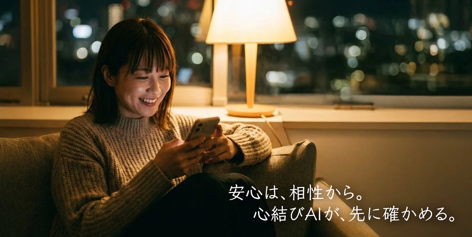 夜の部屋でソファに座ってスマホを操作し笑顔を見せる女性
