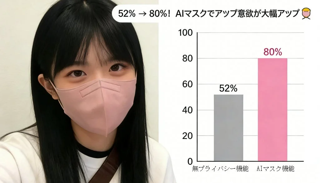 AIマスクを使用することで、ユーザーのアップロード意欲が52%から80%に大幅に向上することを示す画像