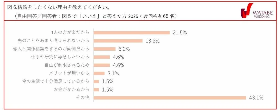図6.結婚をしたくない理由を教えてください。(自由回答/回答者: 図5で「いいえ」と答えた方 2025 年度回答者 65 名)