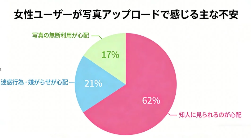 女性ユーザーが写真をアップロードする際に感じる主な不安を示す円グラフ