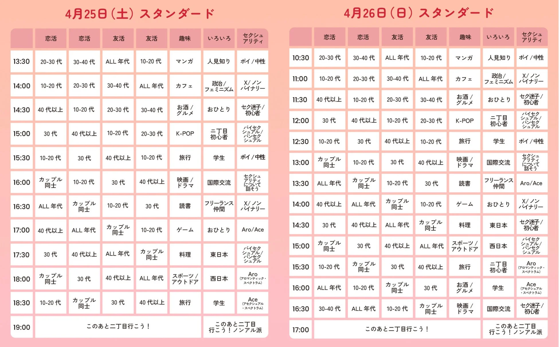 スタンダードエリアのオフ会スケジュール