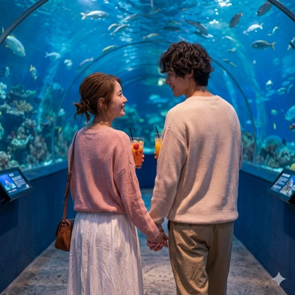水族館の海中トンネルを歩くカップル