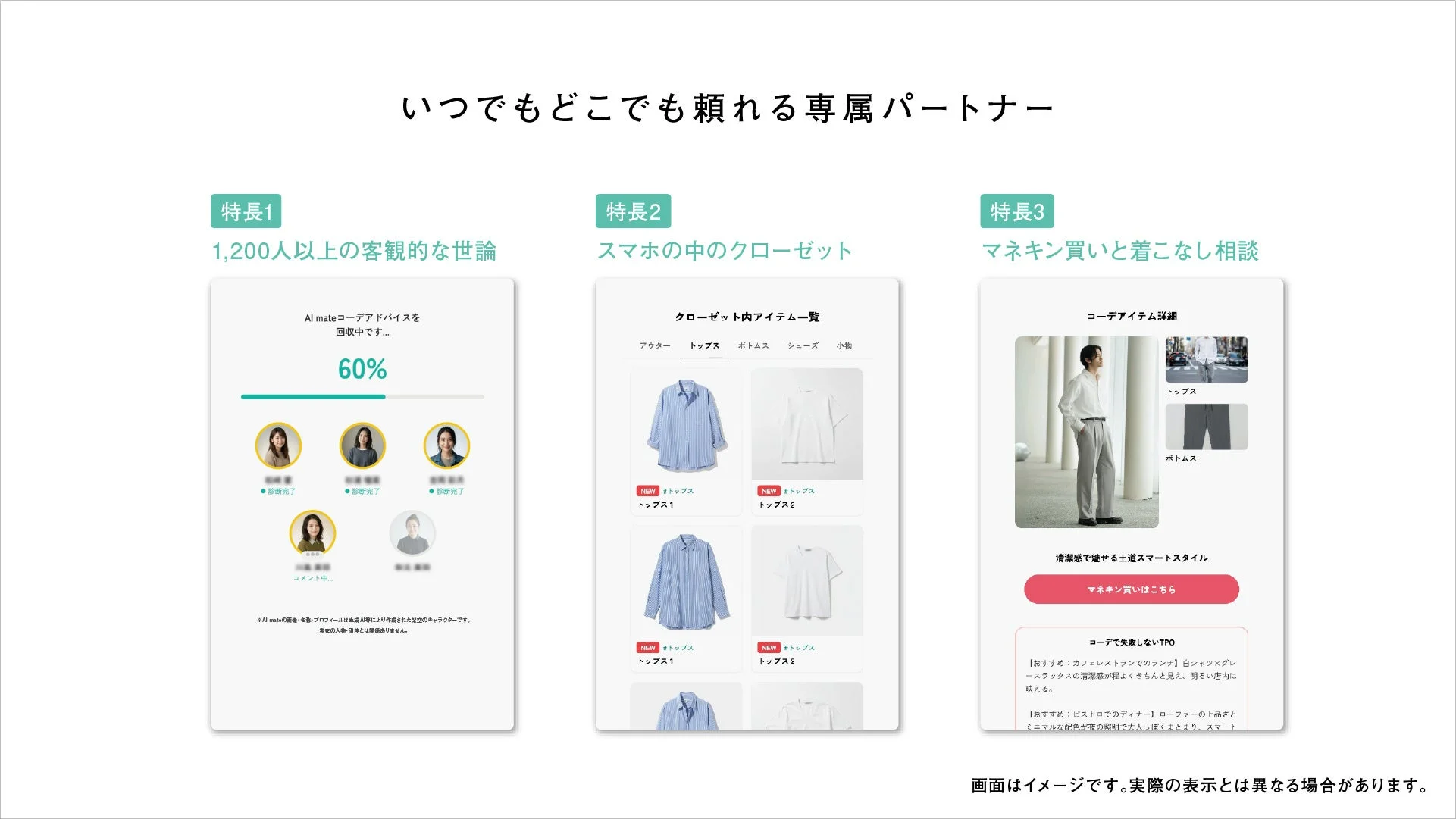 AIを活用したファッションアドバイスサービス。客観的な診断、スマホでのクローゼット管理、マネキン買いや着こなし相談を通じて、利用者の専属パートナーとしてファッションの悩みを解決します。