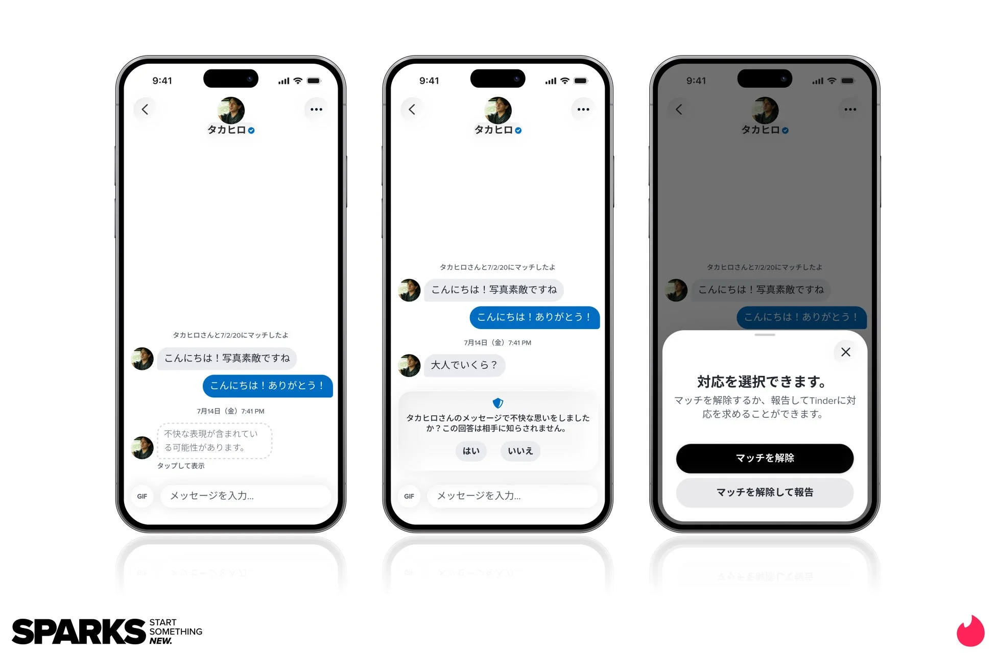 マッチングアプリ「Tinder」のチャット画面で、ユーザーが不快なメッセージを受け取った際の対応フロー